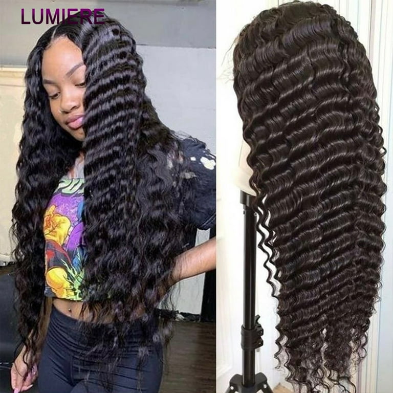 Lumiere Brazilian Loose Deep Wave Lace Front Human Hair Wigs 13×4 Lace  Front Wig Cap 180% Natural Black 26 