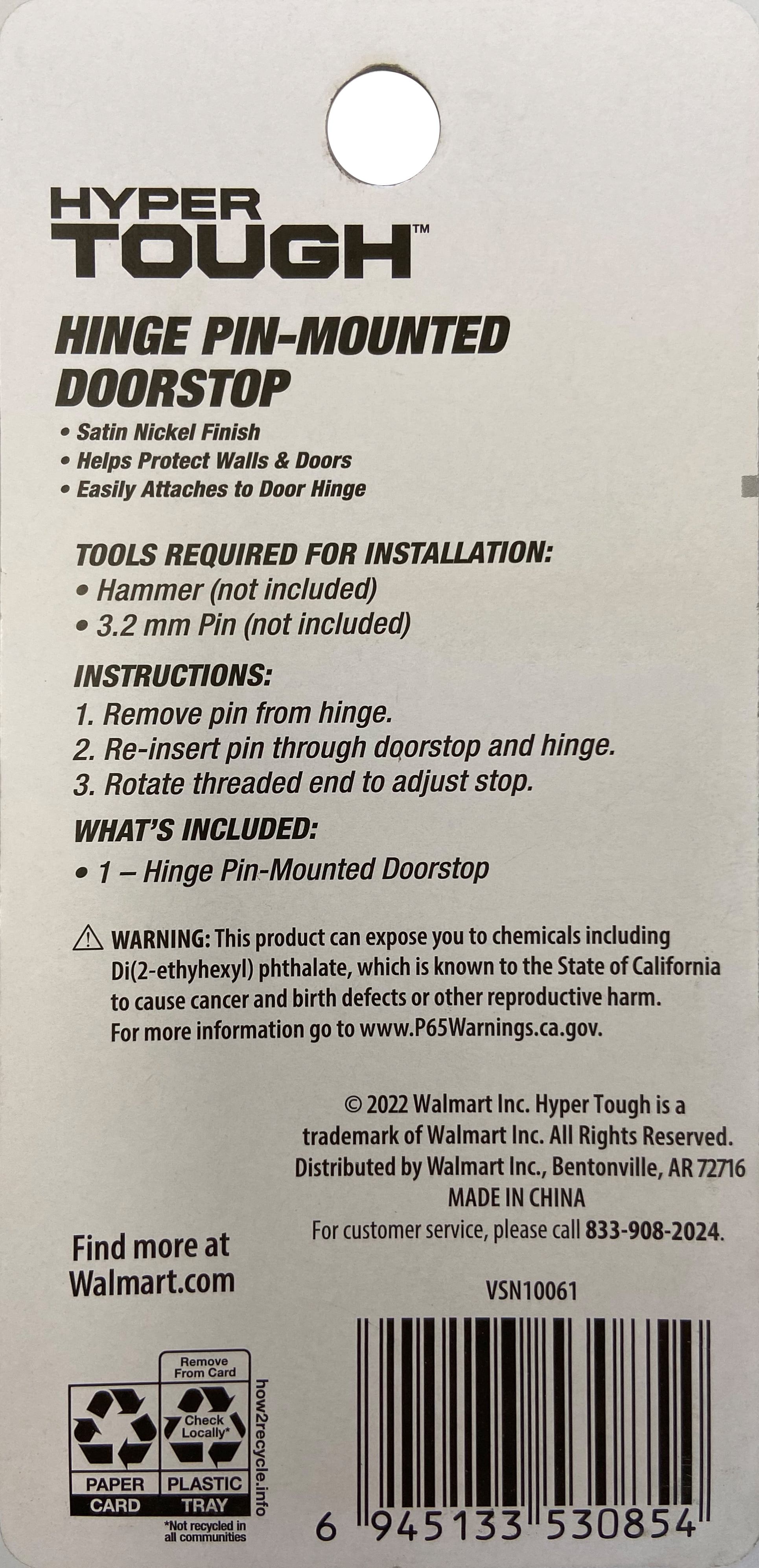 Hyper Tough Hinge Pin Mounted Doorstop, Satin Nickel, Assembled Product Depth 5.65 Inch