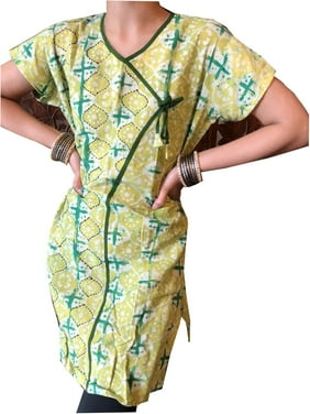 Mogul Women Tunic Dress, Yellow Green Tie Dye Printed Khadi Cotton Summer Comfy Handmade Boho Tunic M