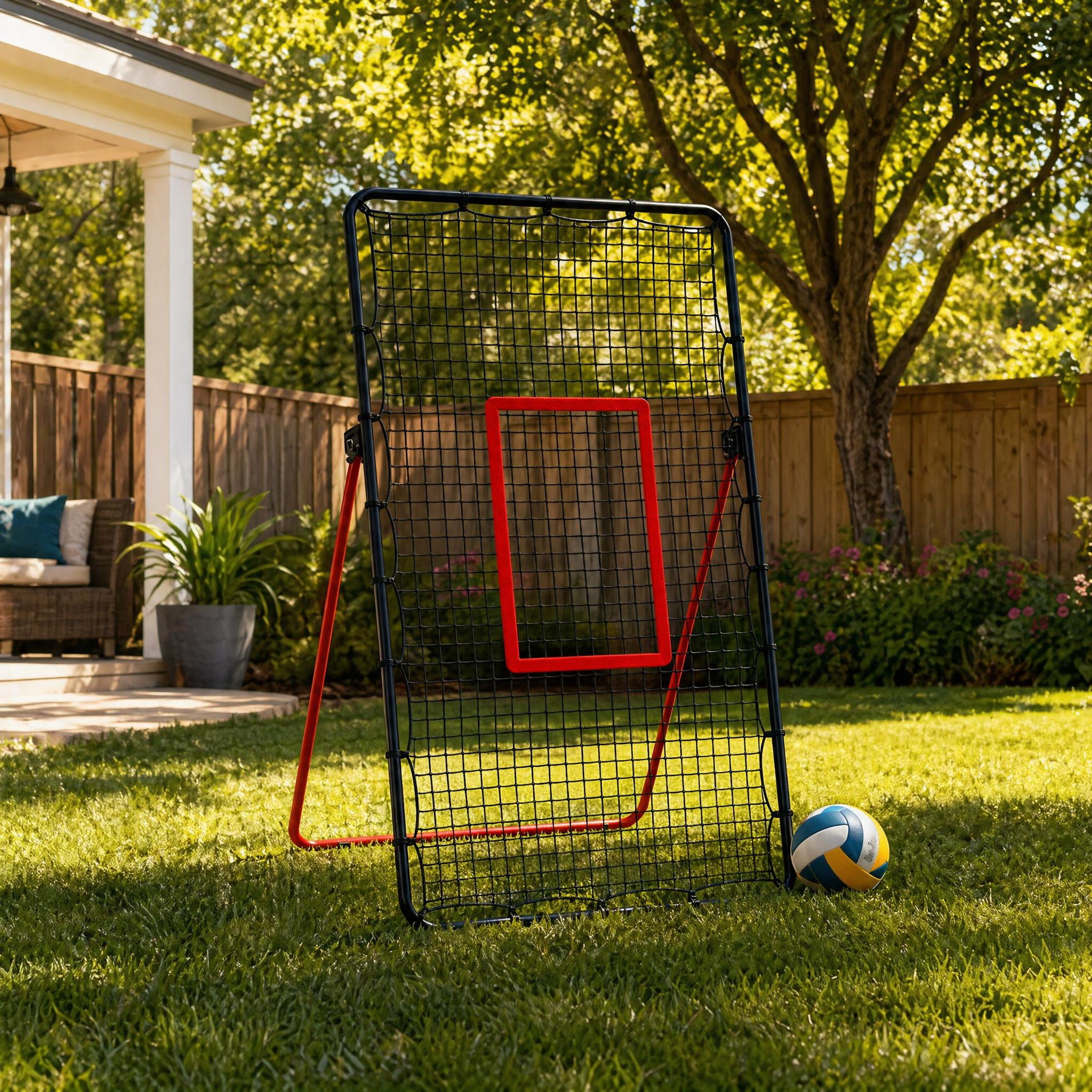 7x4 FT Volleyball Bounce Back Net, 5 Adjustable Angles, Foldable Heavy Duty Training Net with Ground Stakes, Red