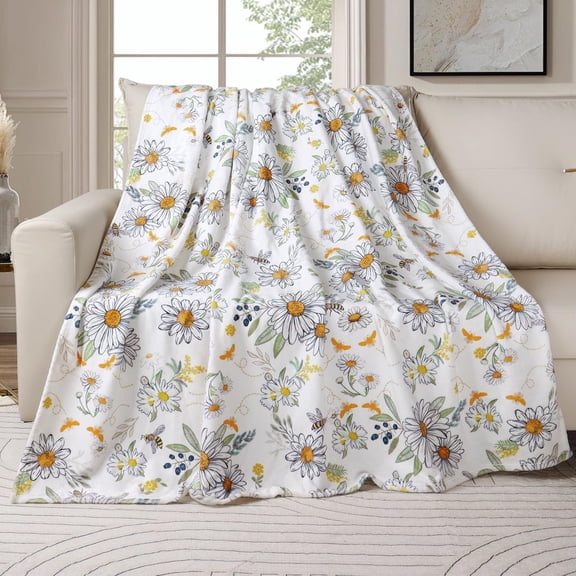 Wildflowers Floral Throw Blanket Botanical Floral Printed Blanket Super Soft Flannel Throw Blanket Lightweight Fluffy Plush Fuzzy Bed Blanket for Bedding Sofa and Travel 60"X80"