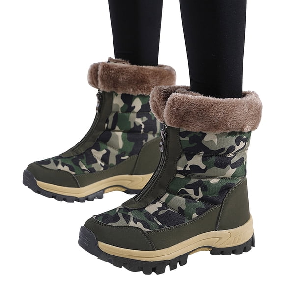 Camo Snow Boots for Women Front Zipper Winter Outdoor Hiking Shoes Plush Warm Mid Calf Booties Nonslip Trekking High Top Ankle Boots Camouflage Size 6.5