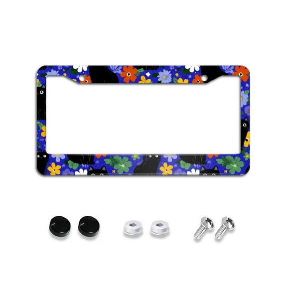 Cute Cats and Flowers on Blue License Plate Frames Universal Aluminum Tag Holder Cover with 2 Holes Screws for Front Rear Car Plate Decor 12x6 Inch for Women Men