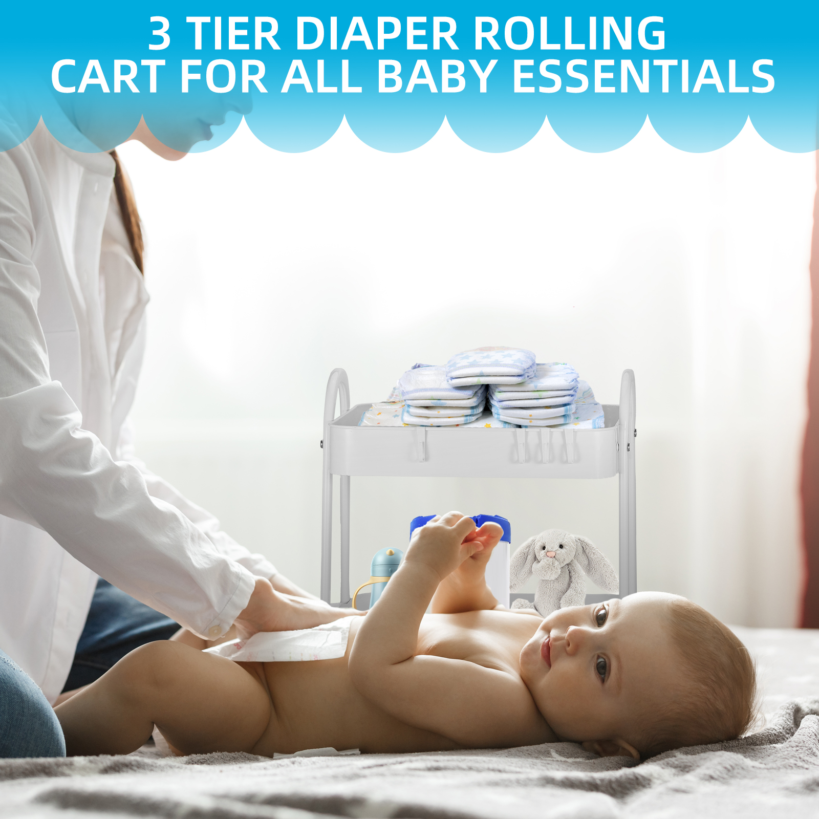 FOOK FISH Baby Diaper Cart 3-Tier Rolling Storage, White photo 2
