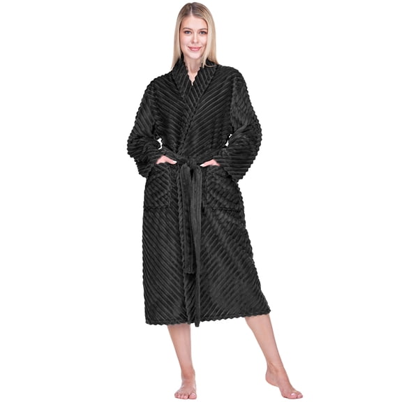 PAVILIA Womens Plush Fleece Robe, Super Soft Long Bathrobe with Pockets, Cozy Lightweight Ribbed House Robe for Spa Lounging, Black, S/M