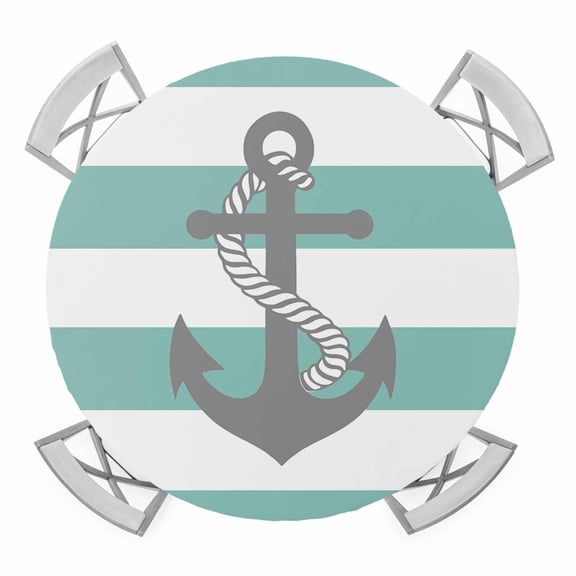Turquoise Stripe Nautical Round Tablecloth for 45-54 Inch Tables,Fitted Table Cover with Elastic Edge,Grey Anchor Summer Coastal Waterproof Outdoor Table Cloth Protector for Patio Garden Dinner