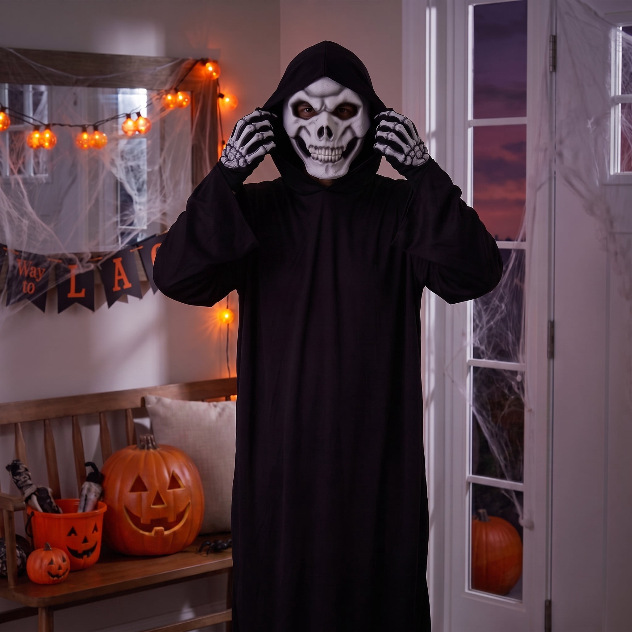 Skeleton Face Mask with Hands Costume Accessory Kit for Adults, White and Black, Halloween by Way To Celebrate
