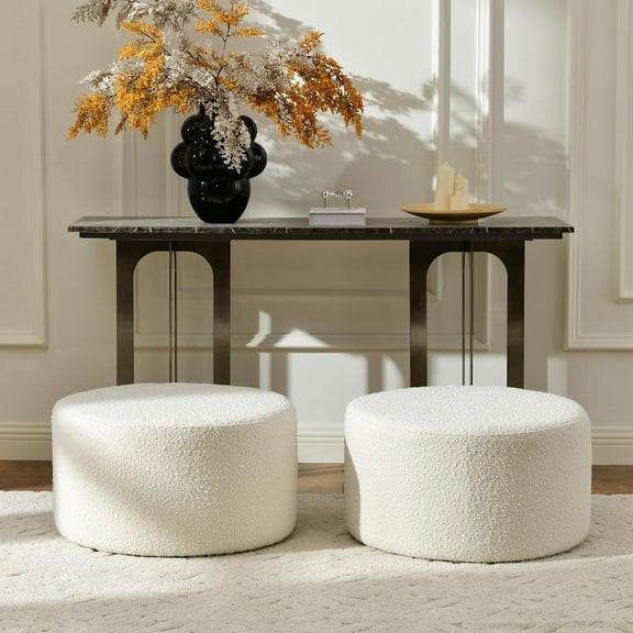 KINWELL Modern Round Boucle Upholstered Ottoman Set of 2, Multi-Functional Sofa Footrest, Side Table, Extra Seating for Living Room, Bedroom, Entryway (Cream White, 24" D x 24" W x 13" H)