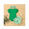 thumbnail image 4 of Musuos Infant Baby Girls 3 Pieces Outfit, 3 6 12 18M Letter Print Ruffles Short Sleeve Romper + Clover Print Shorts + Headband Set, 4 of 10