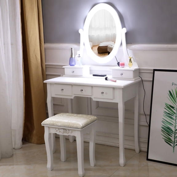 31.5" x 15.8" x 55.5" White Vanity Table, Makeup Vanity Set with Cushioned Stool, Dressing Table with 5-Drawer 360-Degree Rotation Removable Mirror Dresser, Vanity Sets for Teen Girls Bedroom, S13215