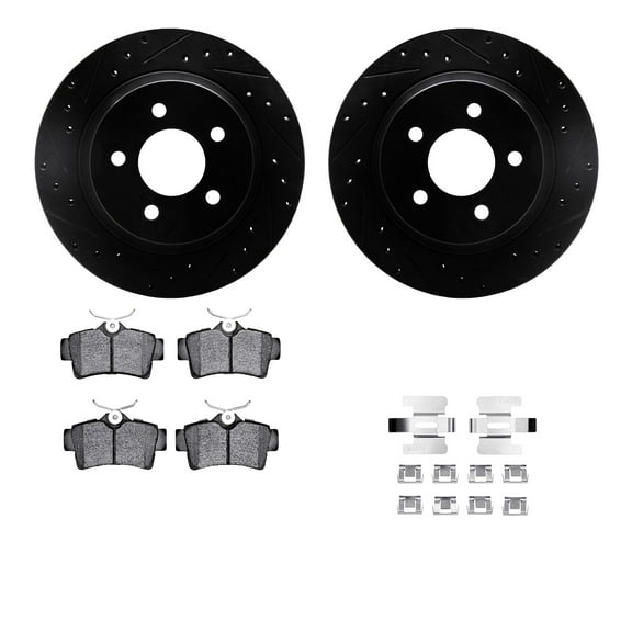Dynamic Friction Company Rear Brake Rotors-Drilled and Slotted-Black with 5000 Advanced Brake Pads includes Hardware 8512-55138