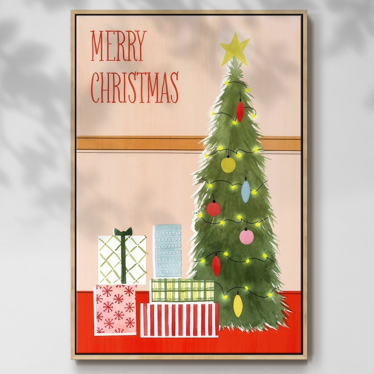 Christmas Stockings Collection B - Framed Gallery Wrapped Holiday Canvas - 27 x 41 - Natural Wood Frame