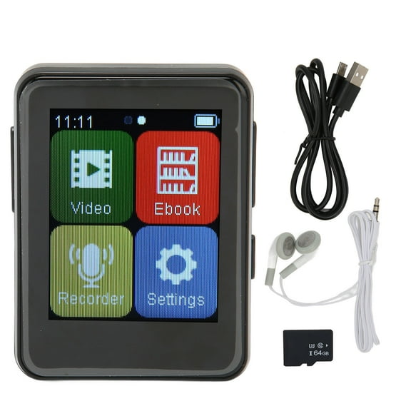 MP3 Player Bluetooth 5.0 Intelligent HD Noise Reduction FM Radio Electric Book 1.8inch Full Touchscreen MP3 Player Black 64GB Memory Card