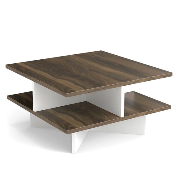 Resenkos Square 2-Tier Coffee Table with 4 Built-In Storage Compartments, Walnut