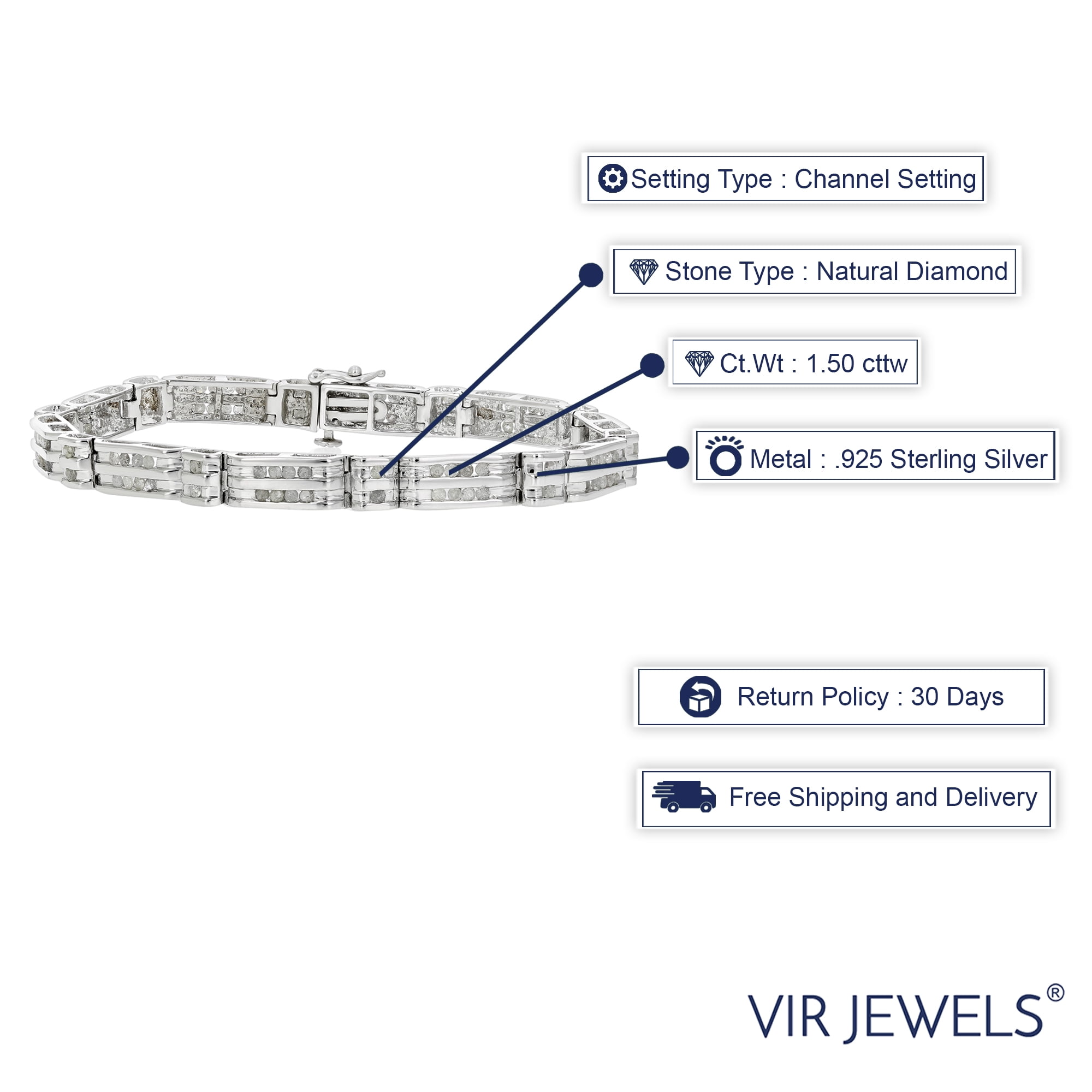 Vir Jewels 1.50 CTTW Men's Diamond Bracelet .925 Sterling Silver Rhodium 7 Inch 13 Grams
