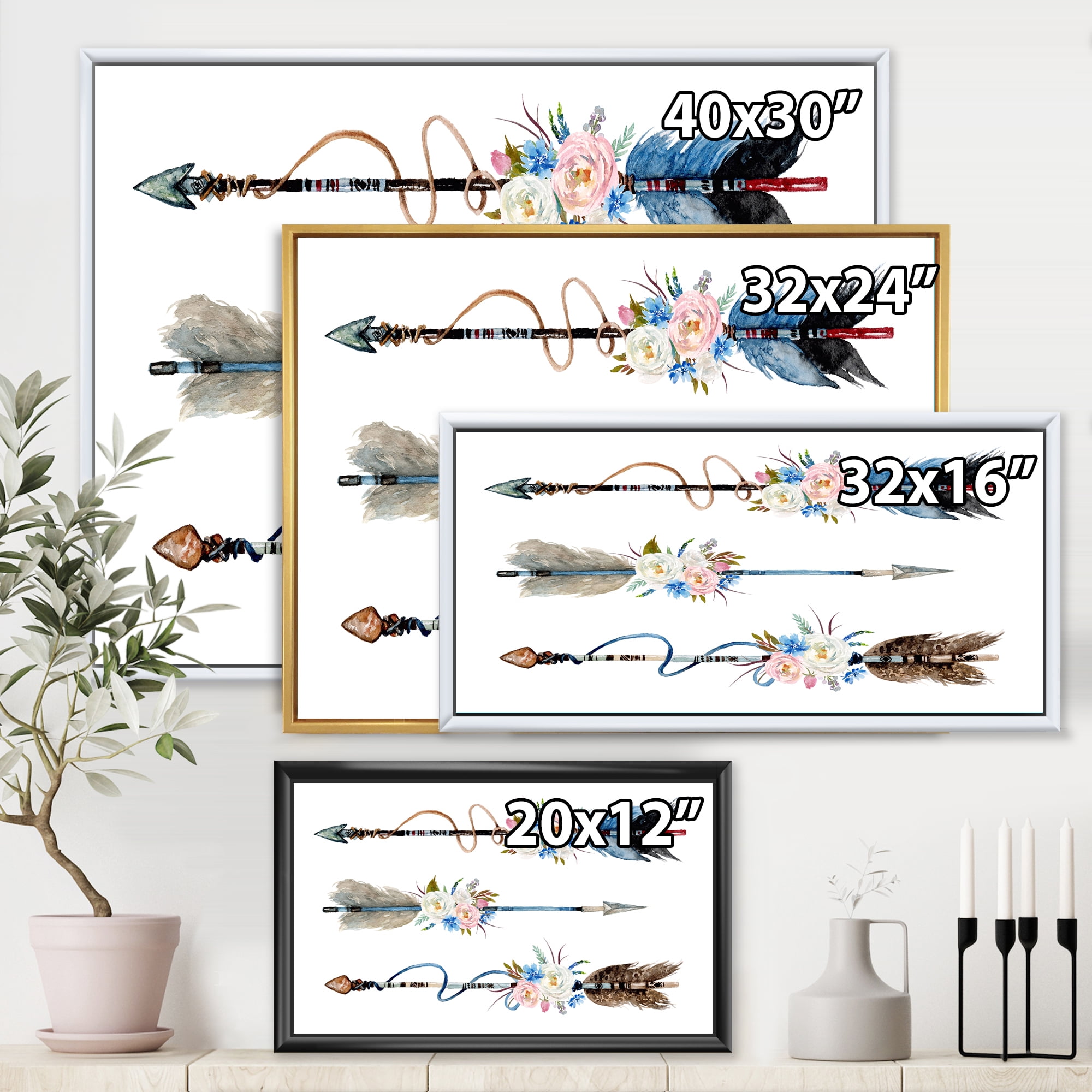Designart 'Flowers and Ethnic Feathers On Native Arrows I' Bohemian & Eclectic Framed Canvas Wall Art Print