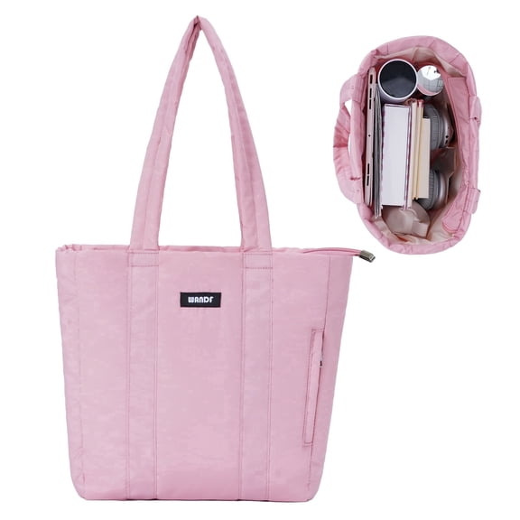 Puffer Tote Bag for Women Quilted Work Bags Travel Handbag Carry on Bag for Commuter Gym College School, Gifts for Teachers, Pink