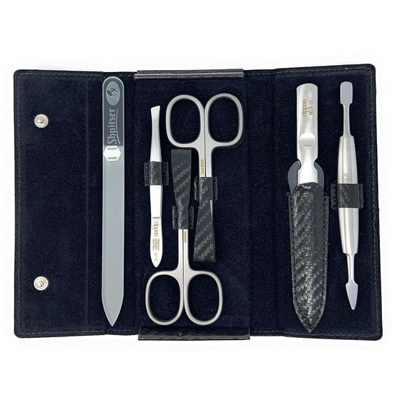 5-Pieces Luxury German Manicure Pedicure Set Premium Stainless Steel Grooming Kit Hand Made in Solingen Germany in Genuine Cowhide Leather Case with Bonus Crystal Glass Professional Nail File