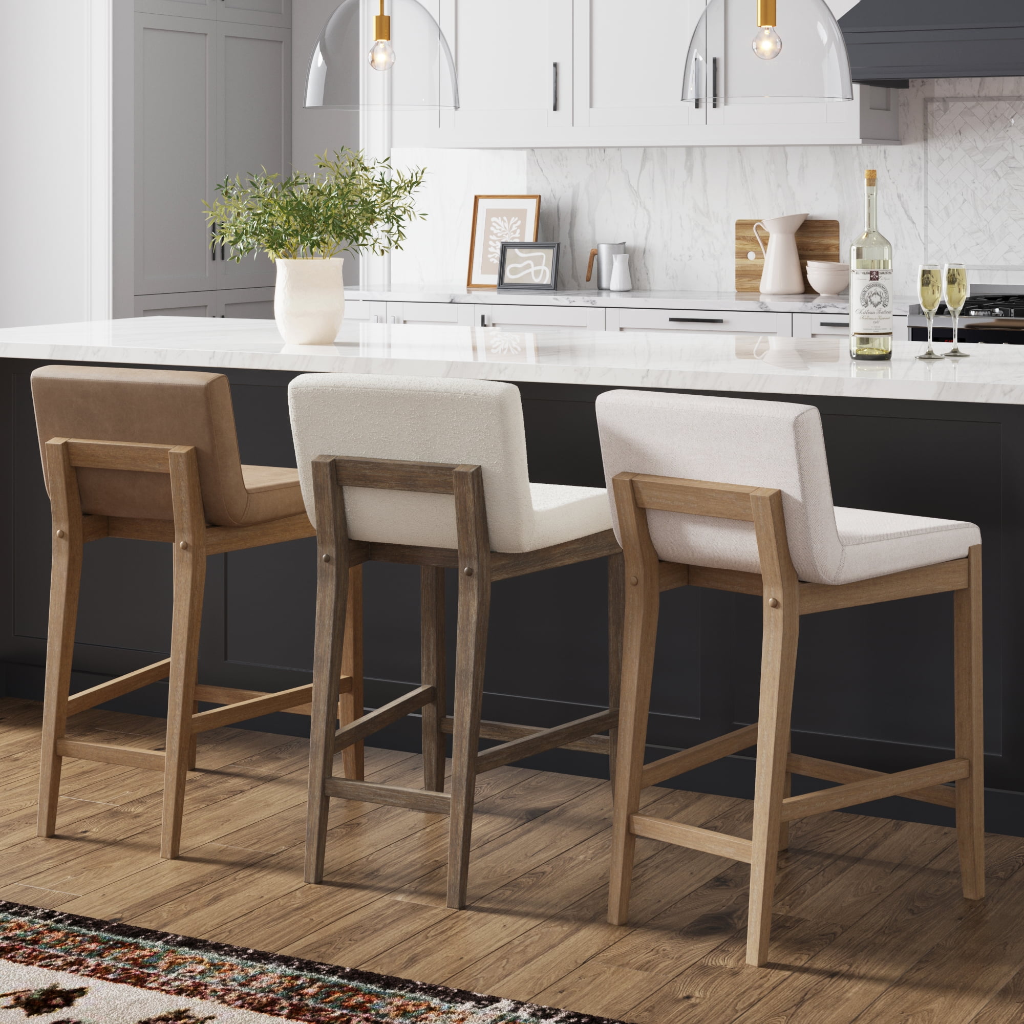Gracie Modern Counter Height Bar Stool with Back, Counter Stool Upholstered Chair with Natural Textured Boucle Linen and Brushed Wooden Legs, White/Dark Brown