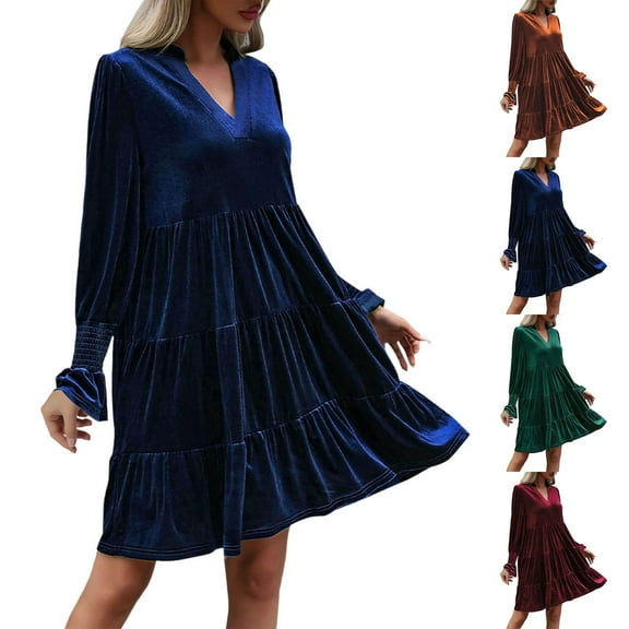 Fall Wedding Guest Dress Plus Size Loose Casual Solid Color Versatile Velvet V-Neck Dress(Navy XL)