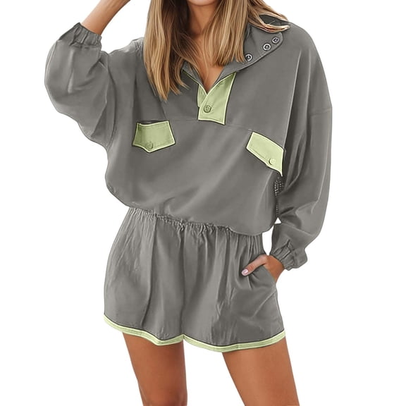 2 Piece Lounge Set Women Women's Long Sleeve Half Button Pullover and Elastic Waist Shorts Two Piece Set with Pockets