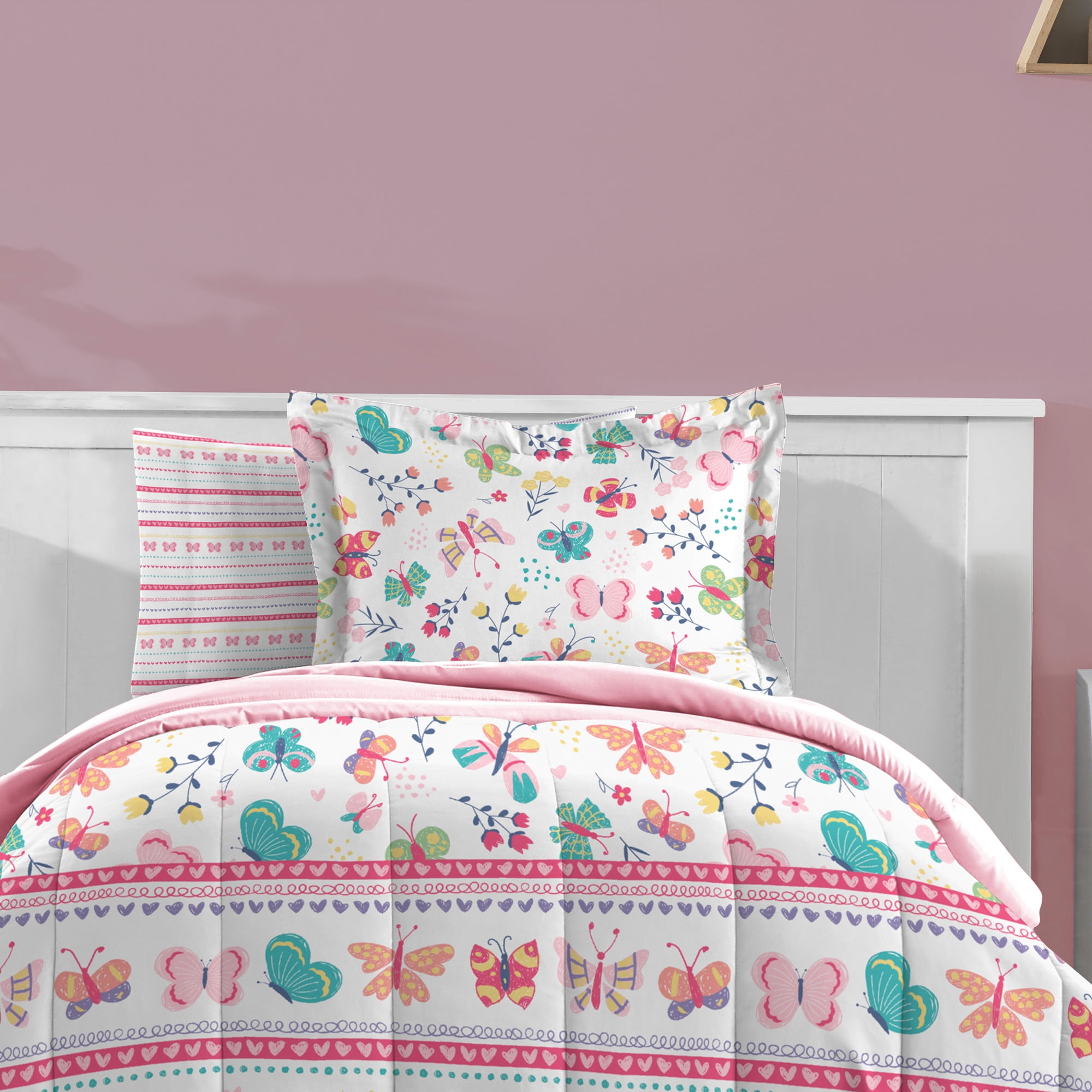 Dream Factory Butterfly Garden Twin Bed in a Bag Pink, Microfiber, 100% Polyester Fill, Female, Child
