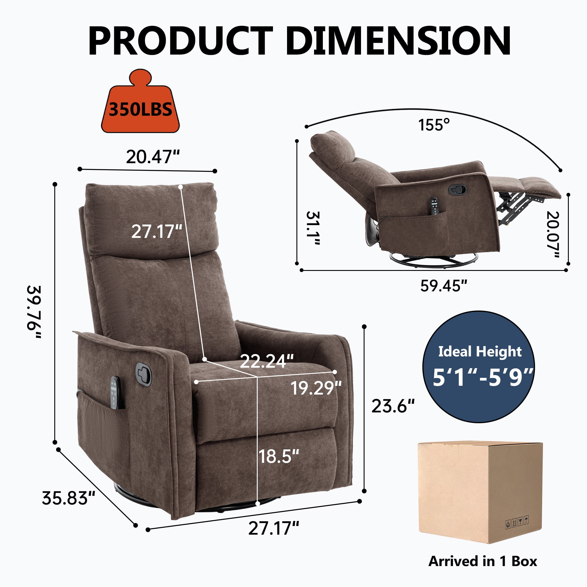 Leumius Recliner Chair with Massage and Heat,360° Manual Swivel Rocker Chair for Adults,Upholstered Fabric Glider Recliner Nursery Chair with Side Pockets for Living Room,Brown