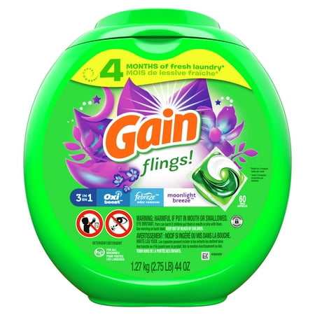 Gain Flings Liquid Laundry Detergent, Moonlight Breeze Scent, HE Compatible, 60 ct