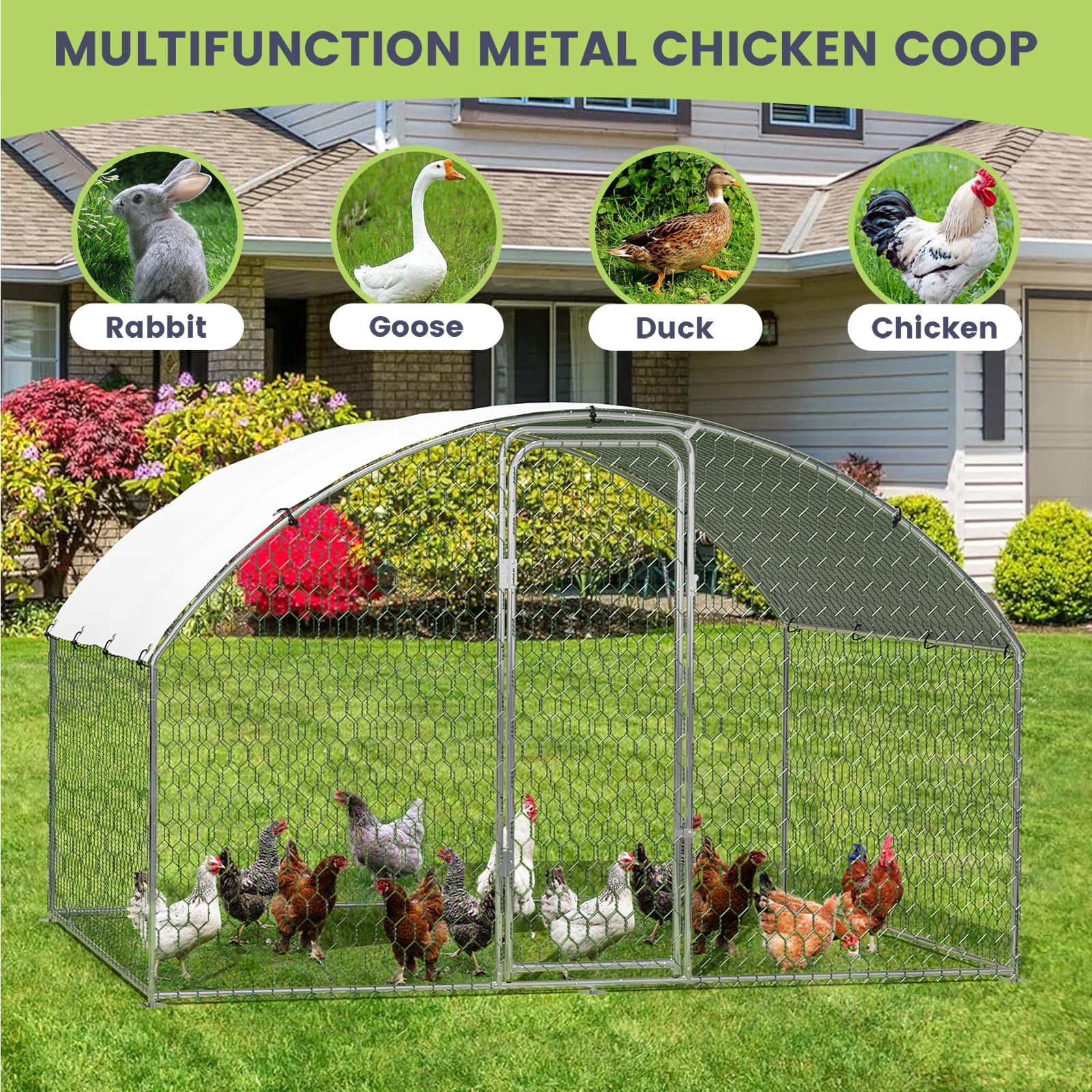 Large Metal Chicken Coop, Large Chicken Coop for Yard, Walk-in Poultry Cage with Waterproof and Anti-Uv Cover, Chicken Run for Outdoor Backyard Farm, Doom Roof, 9.8×6.5×6.5ft,Silver