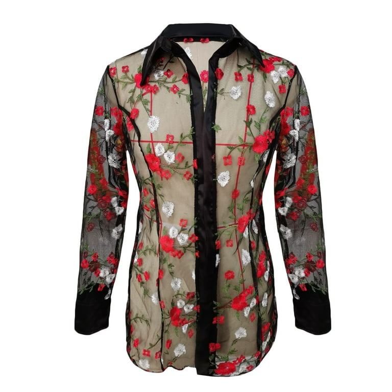 XMMSWDLA Womens Sheer Button Up Blouse Long Sleeve Mesh See XMMSWDLA Womens Sheer Button Up Blouse Long Sleeve Mesh See