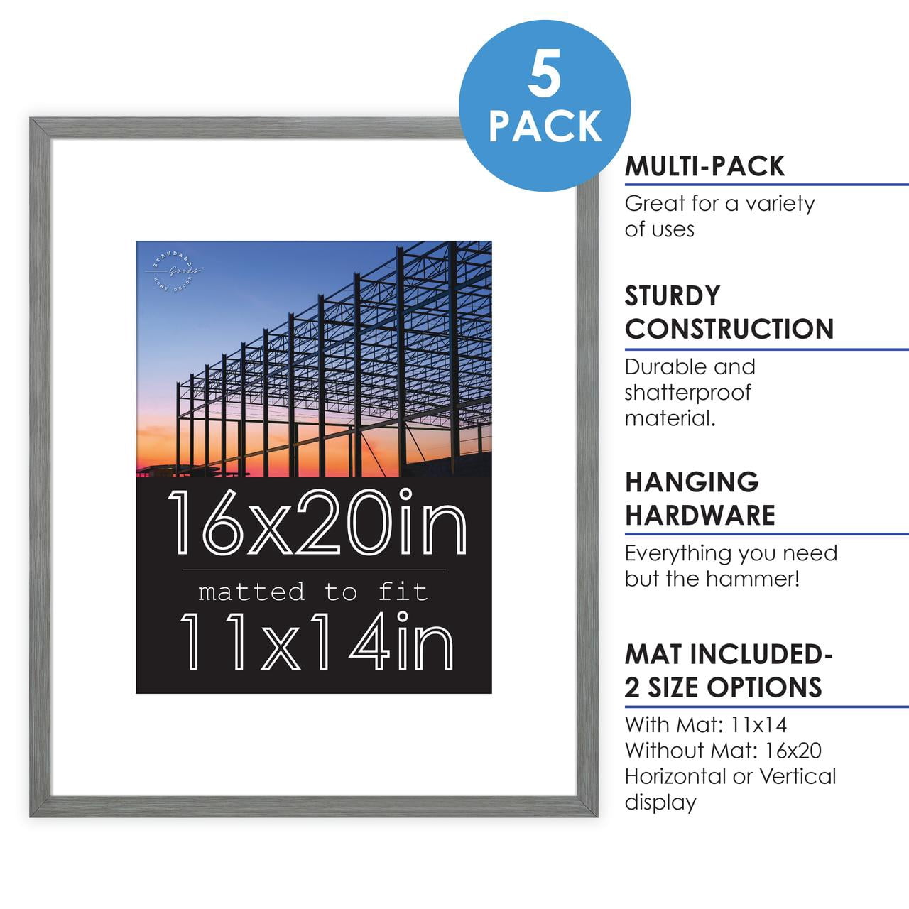 Standard Goods Home Décor 16x20 Matted to 11x14 Grey Linear Picture Frame, 5-Pack for Wall Display.