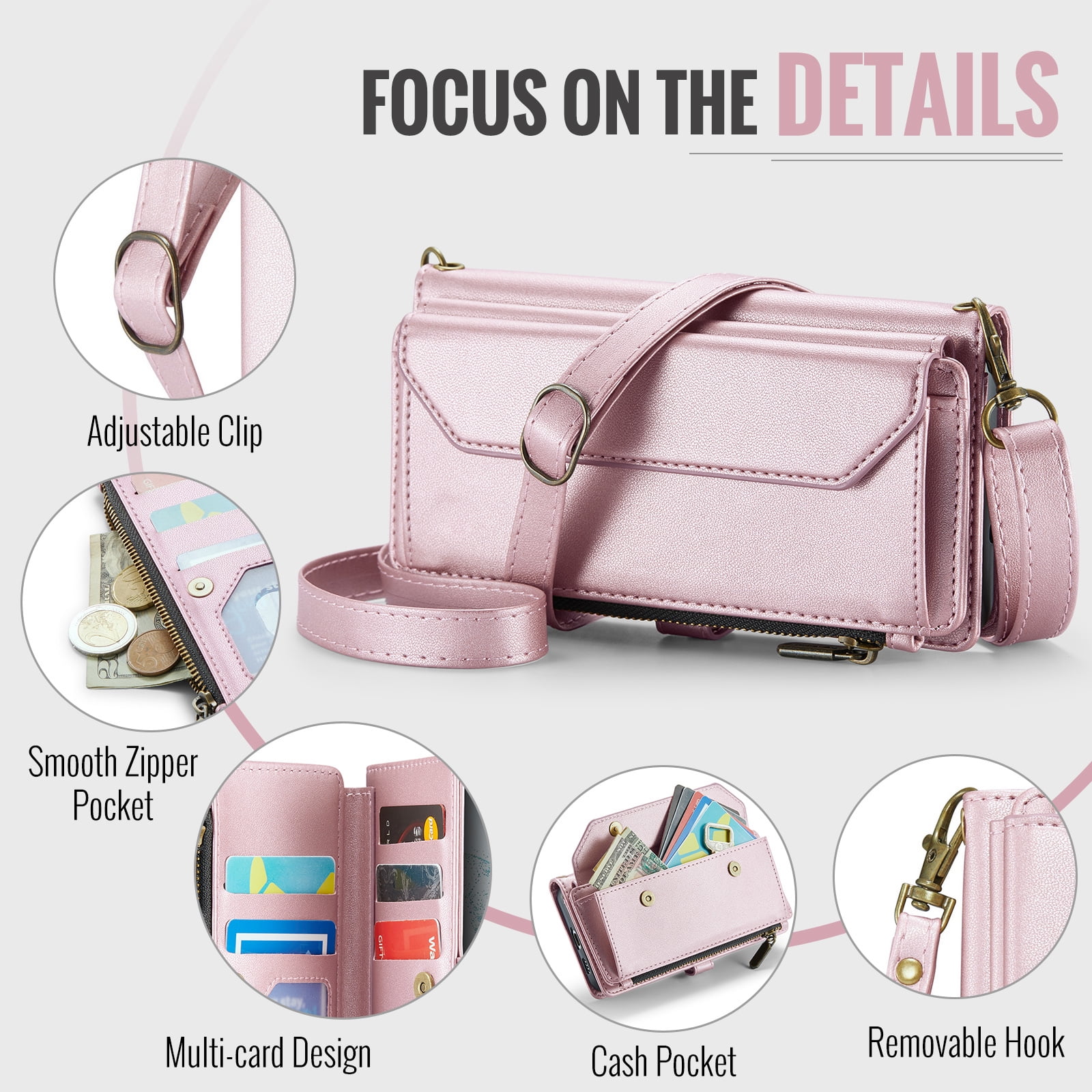 Asuwish Compatible with Samsung Galaxy S22 5G Zipper Wallet Phone Case Tempered Glass Screen Protector Crossbody Lanyard Strap Flip Card Holder Slot Cell Cover for S 22 22S 4G G5 6.1 Women Rose Gold
