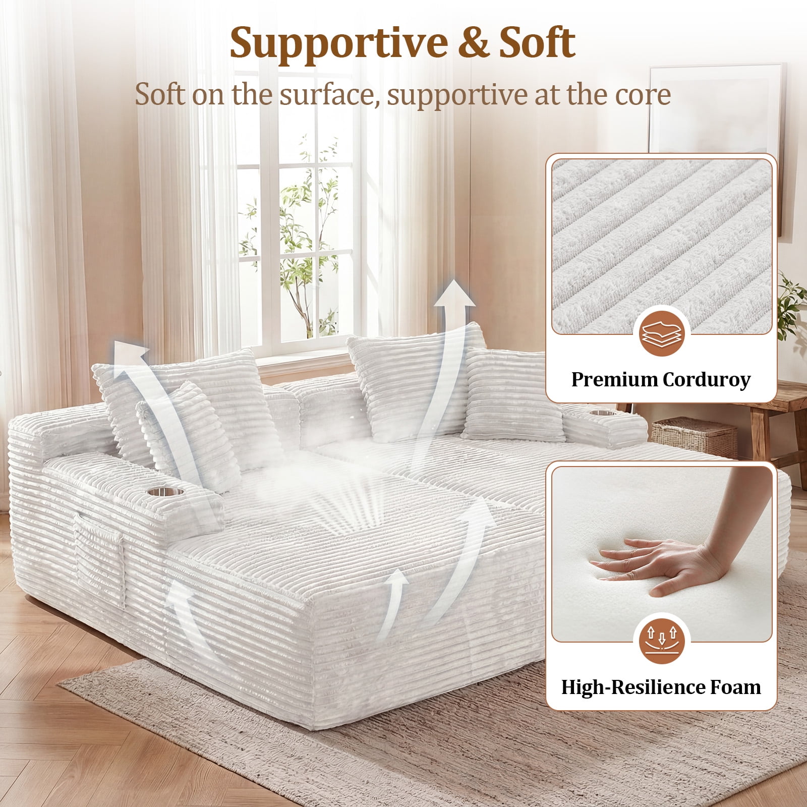IPKIG 85" Oversized Double Chaise Sofa Bed, Corduroy Upholstered Boneless Cloud Sleeper Loveseat with No Assembly Required in Beige