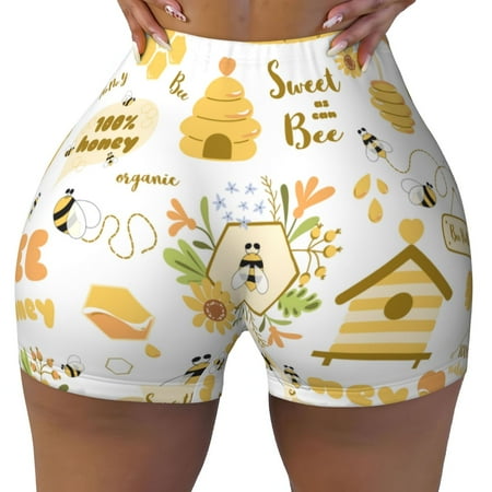 Workout Shorts Women  Farm Bee Cute Honey Biker Shorts for Women Running Gym Spandex Shorts Tummy Control