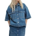 thumbnail image 3 of Short Sleeved Women's Denim Jacket, Oversized Casual Denim Shirt with Pocket Top, 3 of 5