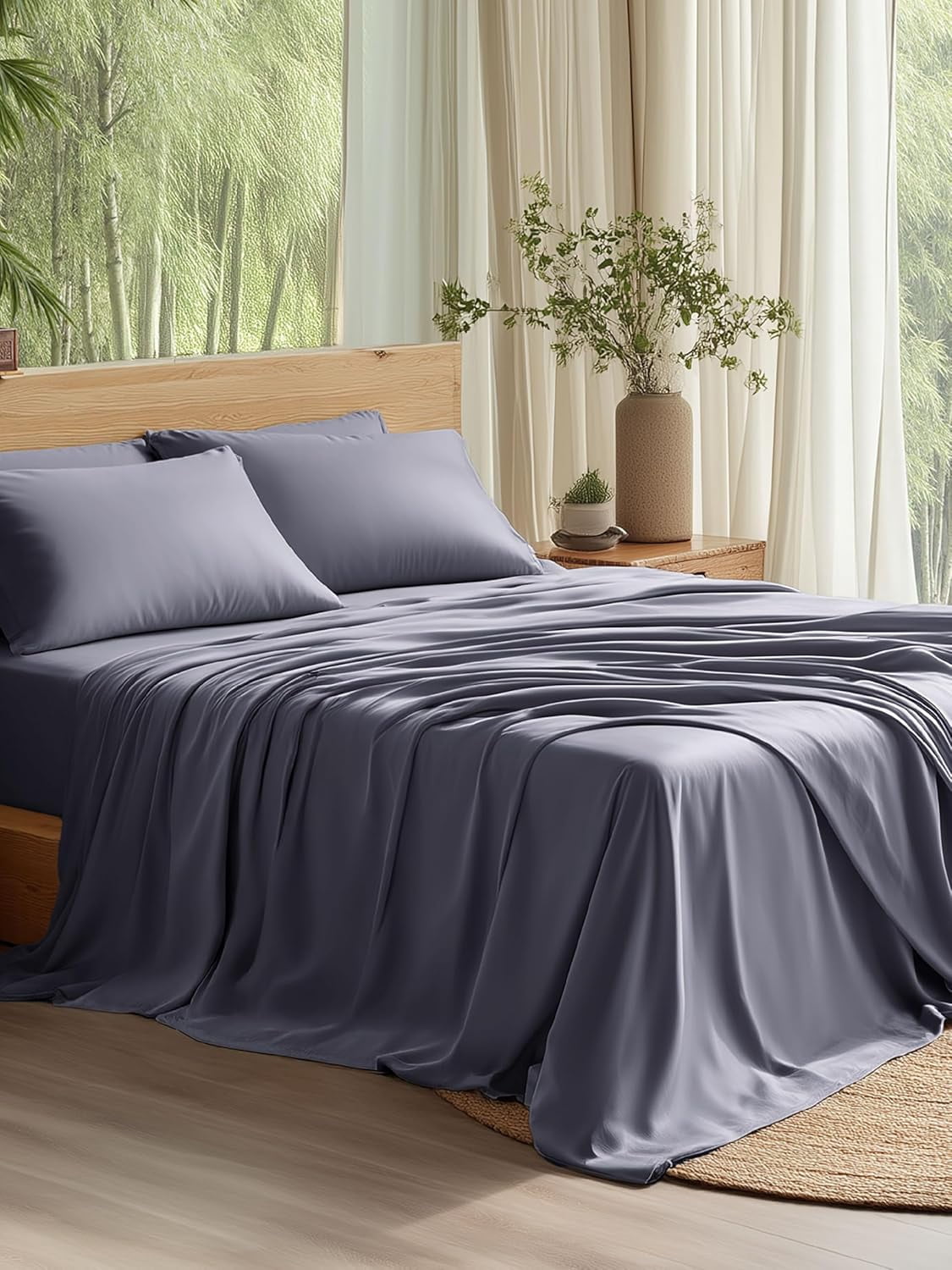 Queen Sheet Set, Cooling Sheets for Queen Size Bed Set, Rayon Derived from Bamboo, PureWoven, Breathable & Soft, Deep Pocket Up to 16", Hotel Luxury Silky Bedding for Hot Sleepers, Dark Grey