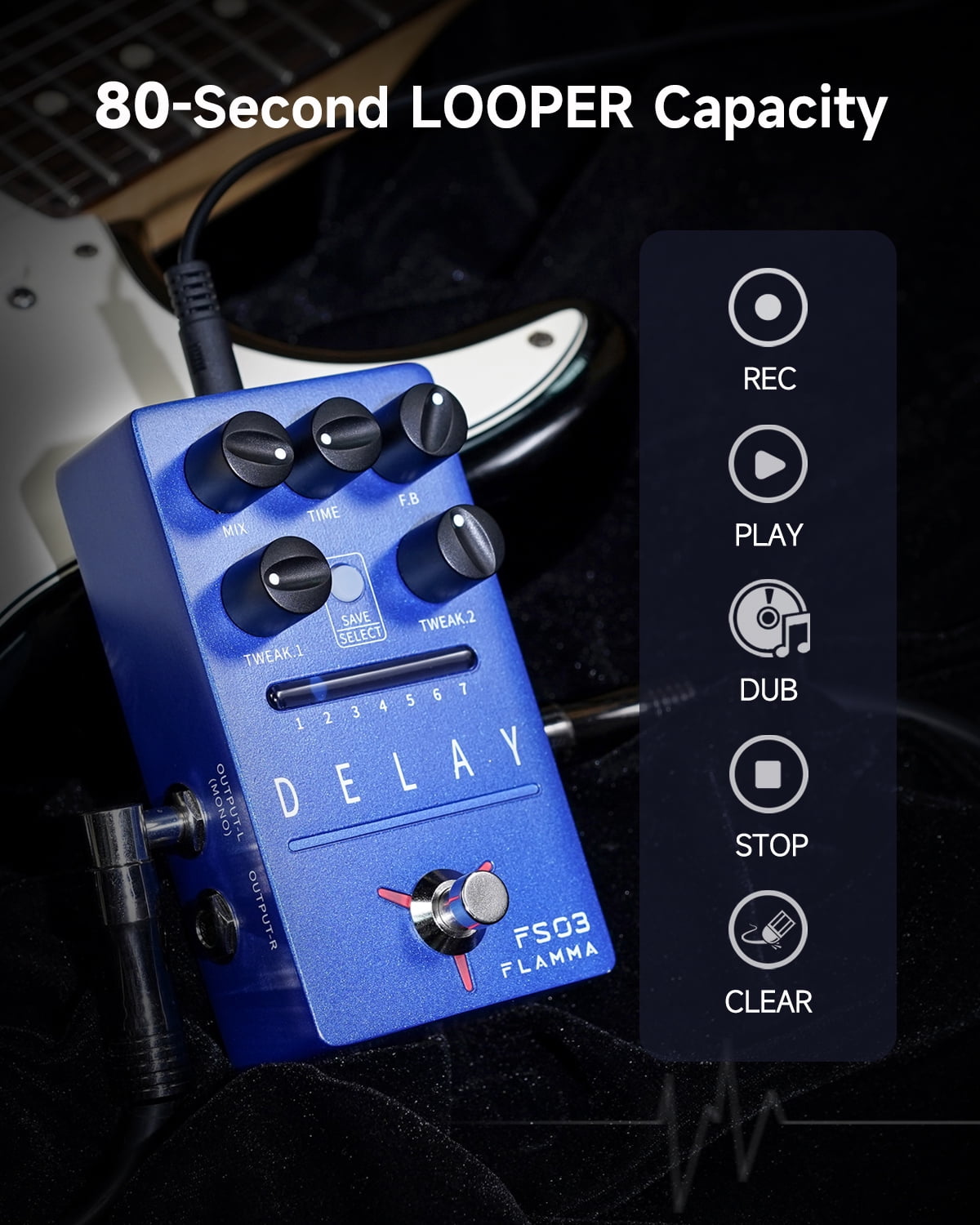 FLAMMA FS03 Guitar Delay Pedal Stereo Digital Delay Guitar Effects Pedal with Looper 6 Delay Effects Storable Preset Tap Tempo Trail On True Bypass