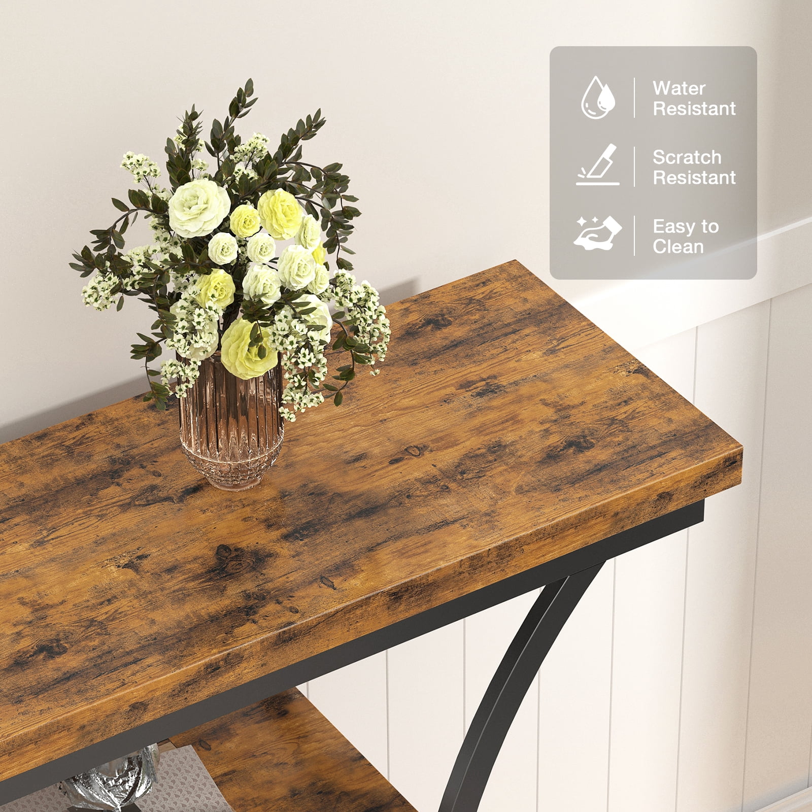 Vingud Console Table with Curved Frames and 3 Open Shelves, Entryway Table for Hallway Entrance Living Room, Rustic Brown + Black 41 inches