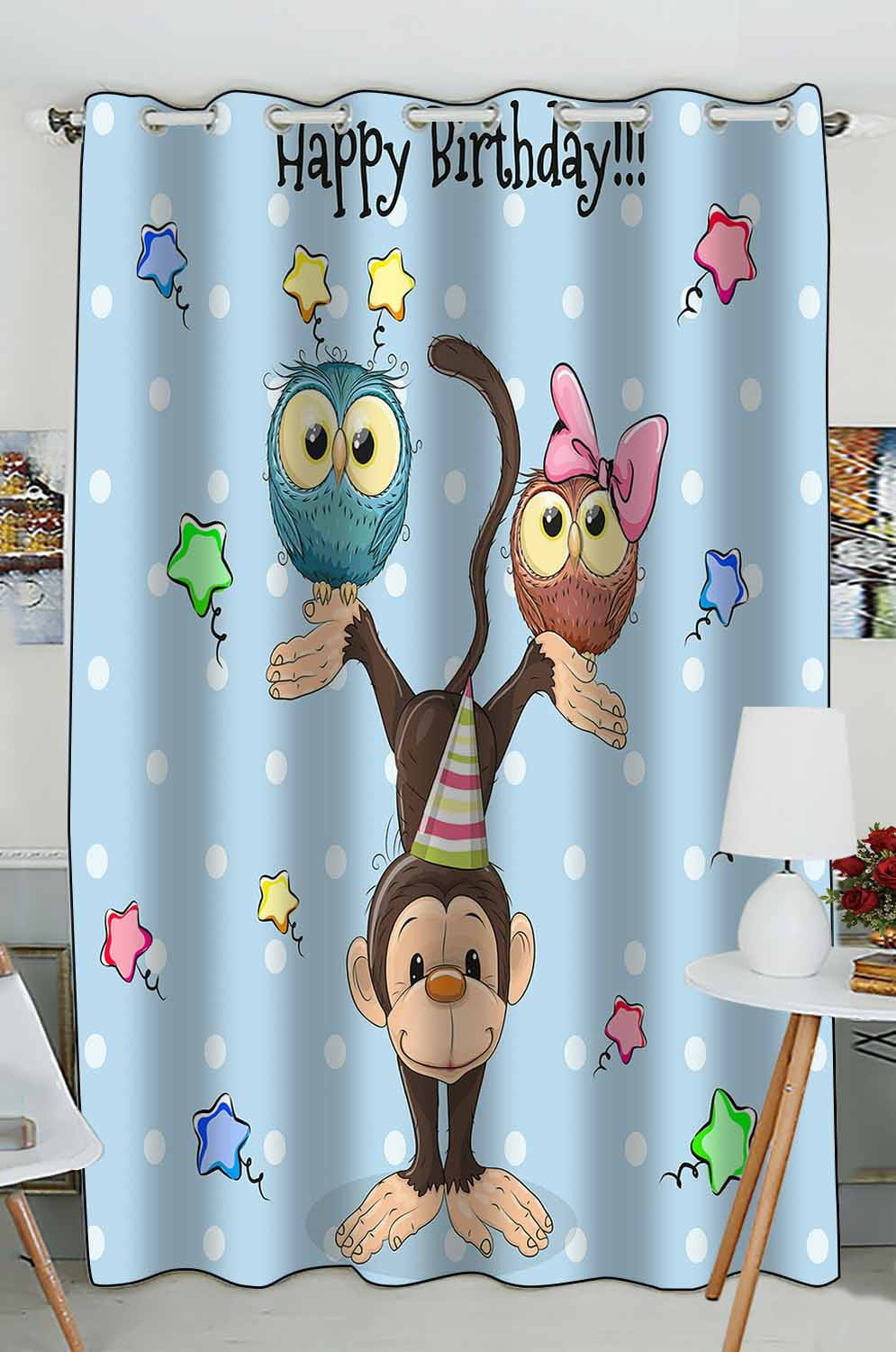 Abphqto Birthday Card Two Cute Cartoon Owls Monkey Window Curtain Kitchen Curtain Window Drapes Panel 52x84 Inch One Piece Walmart Com Walmart Com