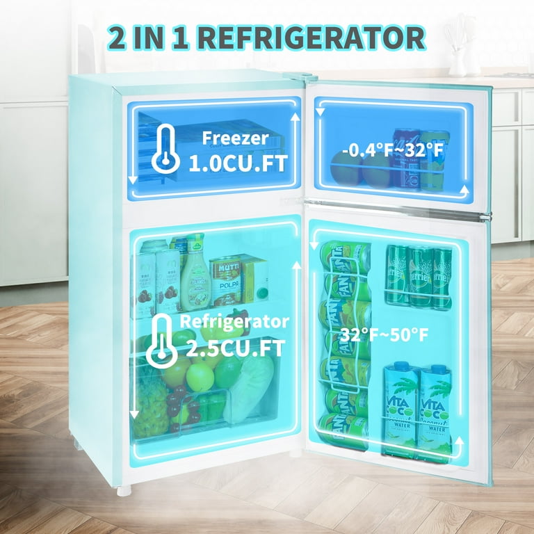 2 Door Mini Fridge with Freezer,3.5Cu.ft Small Freezer,7