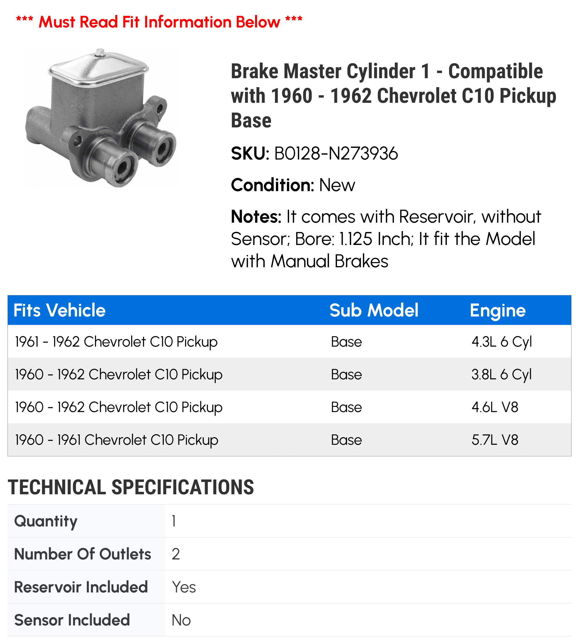 Brake Master Cylinder 1 - Compatible with 1960 - 1962 Chevrolet C10 Pickup Base - Autopart Premium