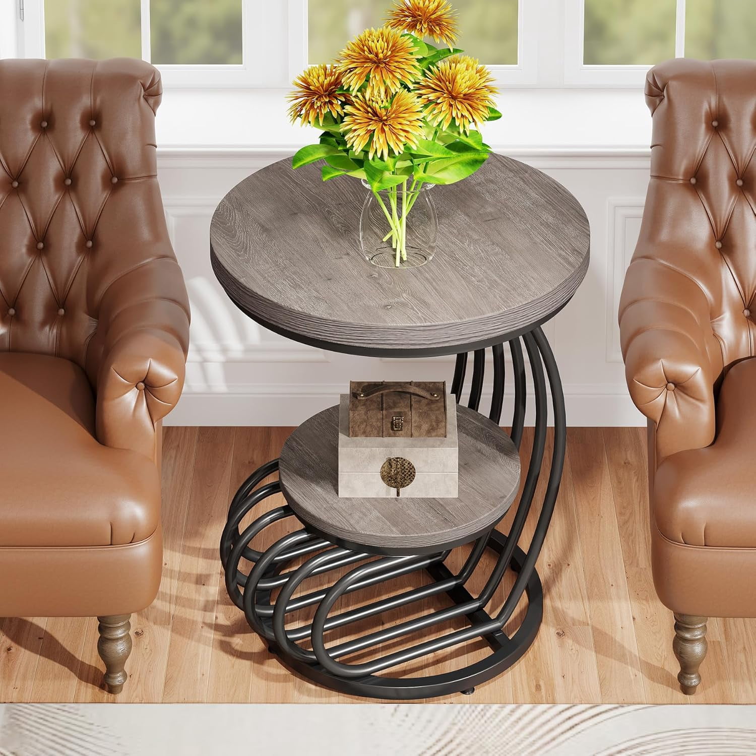Tribesigns Round End Table, 2 Tiers Wood Side Table with Storage Shelf