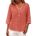 thumbnail image 6 of MVRLSH Womens Tops Shirts Blouse Casual 3/4 Sleeve V Neck Button Solid Plus Size Breathable Summer Top Loose Fit Linen Blouses Red - M, 6 of 7