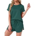 thumbnail image 1 of INSPIRAR CHIC Conjunto de Pijama de Satén de Mujer, Top de Cuello Redondo de Manga Corta con Bolsillo Frontal y Pantalones Cortos con Cuerda de Ajuste, Ropa de Dormir L Verde Oscuro, 1 of 5