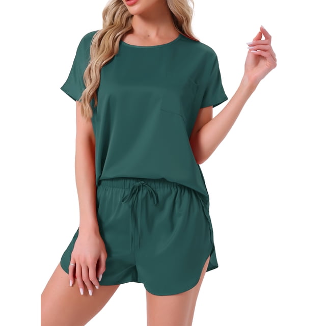 INSPIRAR CHIC Conjunto de Pijama de Satén de Mujer, Top de Cuello Redondo de Manga Corta con Bolsillo Frontal y Pantalones Cortos con Cuerda de Ajuste, Ropa de Dormir L Verde Oscuro