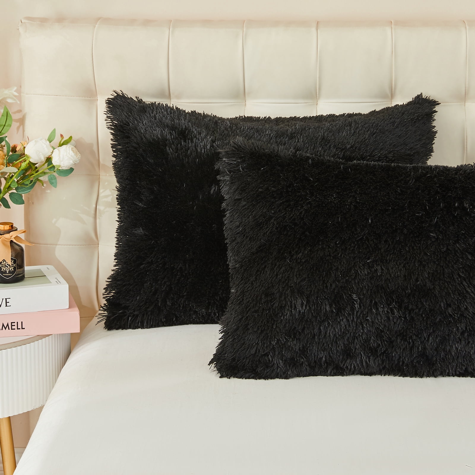 EMME Plush Fuzzy Twin Duvet Cover Set, Luxury Soft Faux Fur Velvet Fluffy Comforter Cover Set 2 Pieces Soft Warm and Durable, 1 Duvet Cover + 1 Pillow Case, Zipper Closure (Black,Twin)