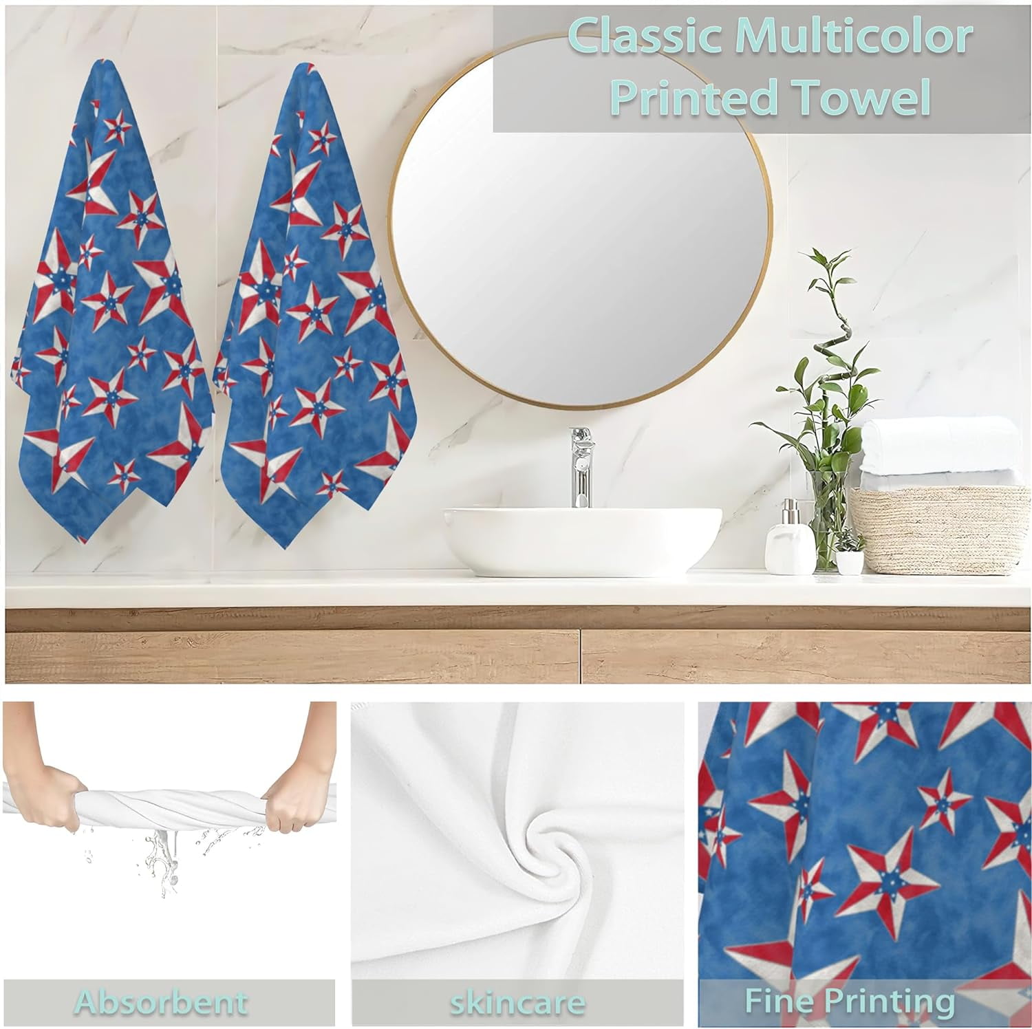 Patriotcs 2 Pack Hand Towels for Bath,4th of July American Star Decorative Towels Highly Absorbent Soft Towels for Bathroom Beach Kitchen Spa Gym Face Towel 14x28 Inch
