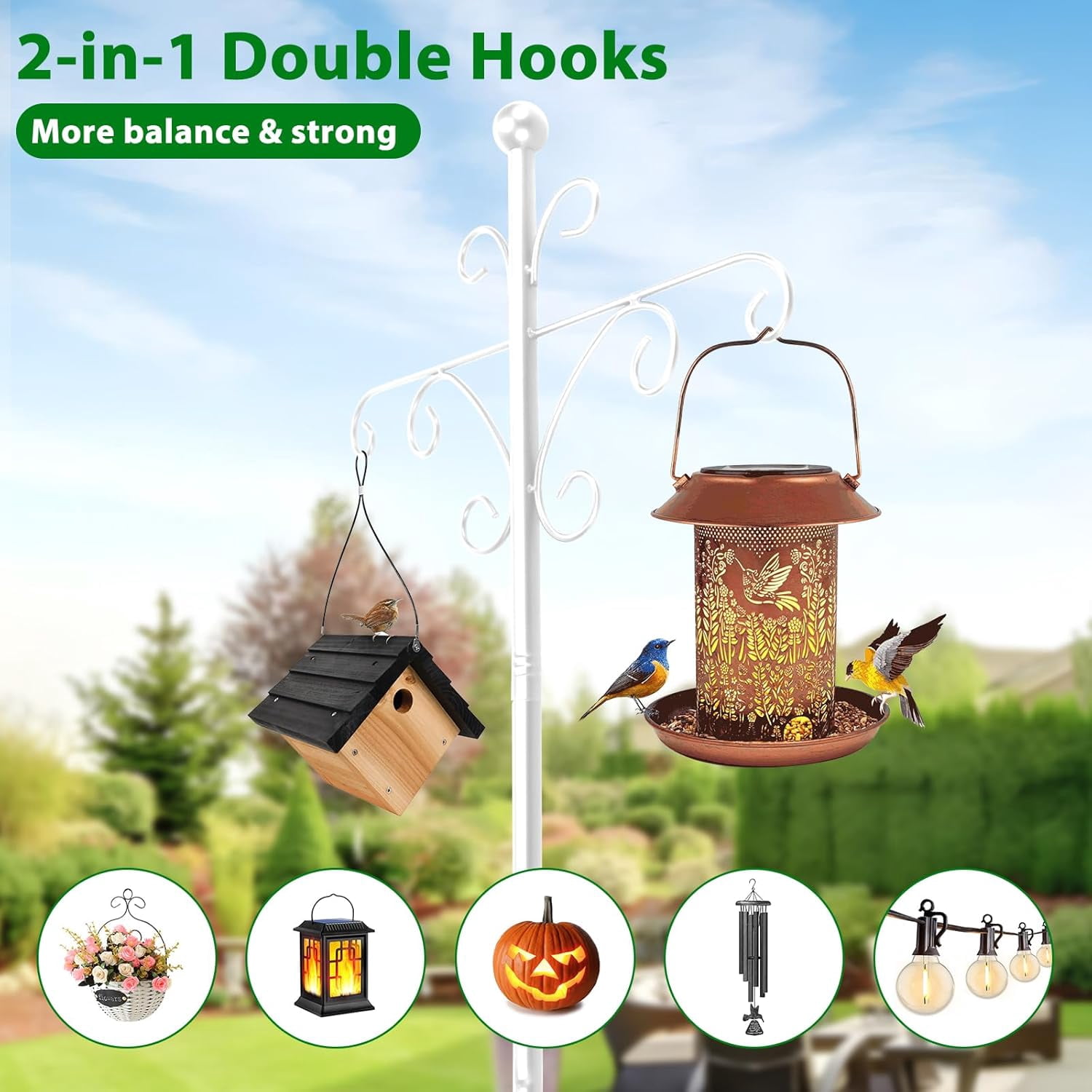 Bird Feeder Pole for Outdoors Heavy Duty Squirrel Proof, 2 Pack 63 Inch Adjustable Tall Shepherds Hooks for Outdoor with 7 Prongs Base, Double Shepherd Hooks (2 Pack White, 63 Inch)