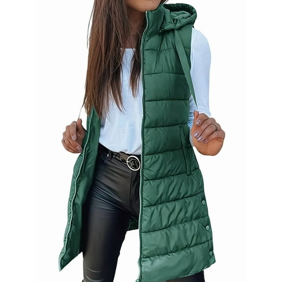 Women Long Vest Solid Color Sleeveless Hood Winter Puffer Vest Outwear Green XXXL