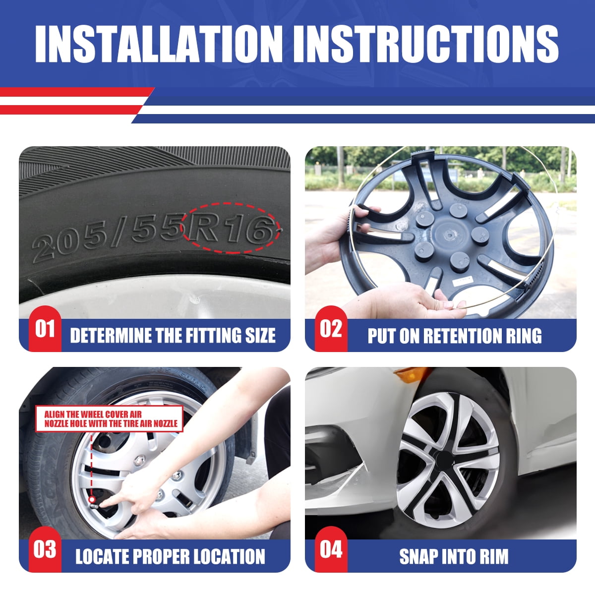 1 Piece 16" Hubcap Wheel Rims Cover For 2016-2018 Honda Civic SEDAN Compatible With Steel Wheels Snap On Installation ABS+PC Material(16-Inch,Silver Lacquer & Black Lacquer)